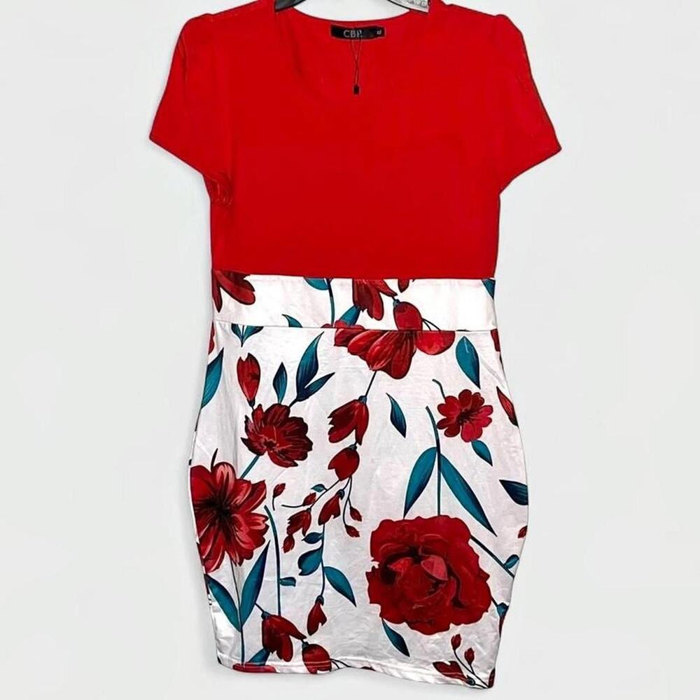 CBR Chic Boutique Red Rose Floral Colorblock Dress - Size XL